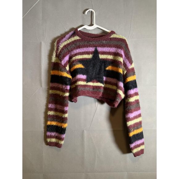 Social Collision Sweater Womens Small Striped Fuzzy Cropped Star Pullover - Picture 1 of 5